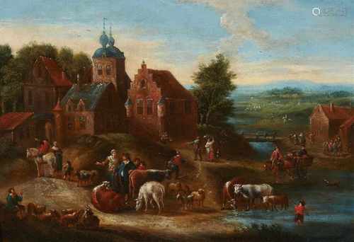 Flämischer Meister um 1700Dorflandschaft mit ViehmarktÖl auf Holz. 19 x 28 cm.Flemish School,