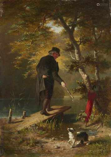 Carl Georg NaumannSpaziergänger mit Hund am WeiherÖl auf Holz. 22 x 15,5 cm.Signiert und datiert