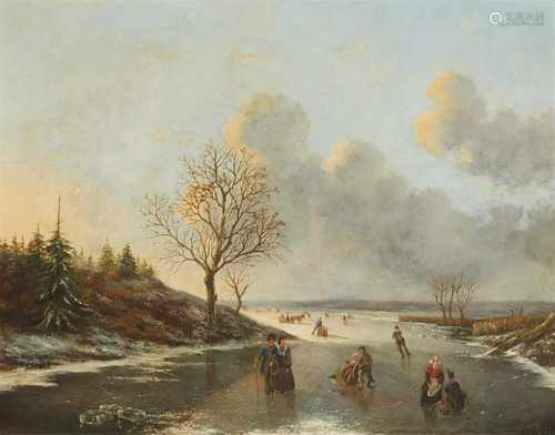 Cornelis Francois RoosWinterlandschaft mit zugefrorenem FlussÖl auf Holz. 42 x 53,5 cm.Signiert