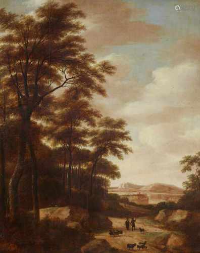Pieter Jansz. van AschDünenlandschaft mit Ziegenherde an einem WaldrandÖl auf Holz. 85,5 x 71 cm.