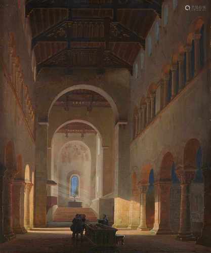 Friedrich Carl MayerInterieur einer romanischen BasilikaÖl auf Leinwand (doubliert). 50,5 x 41 cm.