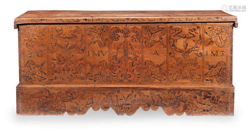 Made for export to England A 16th century boarded cypress-wood and 'pitch'-decorated chest, North Italian, dated 1592