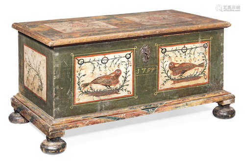 A late 18th century pine and polychrome-decorated 'marriage'-chest, Central European, dated 1794