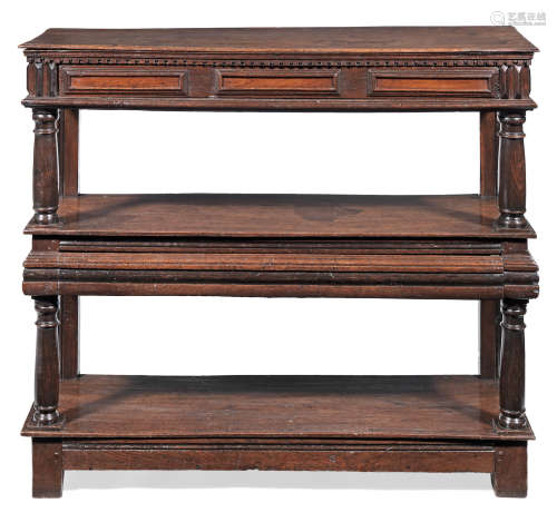 A Charles I joined oak and fruitwood-veneered three tier buffet, circa 1640