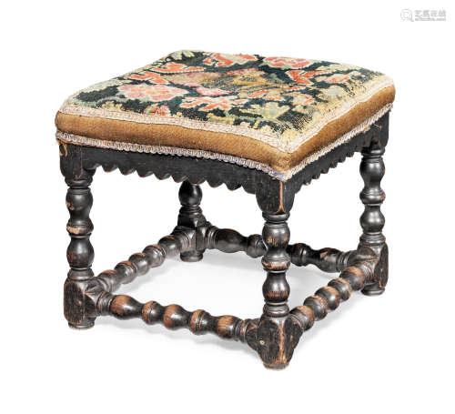 A Charles II joined oak and upholstered stool, circa 1670