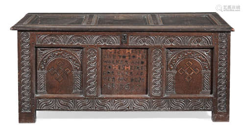An unusual Charles I joined oak coffer, with inlaid named inscription, West Country, dated 1637