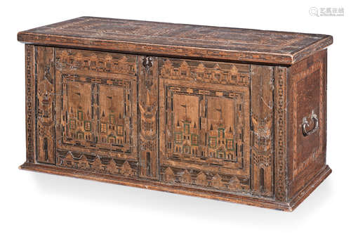 An Elizabeth I boarded oak, walnut, bog-oak, holly and fruitwood parquetry and marquetry-inlaid 'Nonsuch' chest, circa 1580