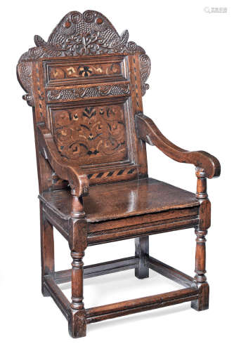 A Charles II joined oak and inlaid double panel-back open armchair, Yorkshire, circa 1660