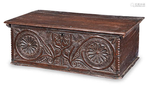 A Charles II carved and inlaid boarded oak box, West Country, circa 1660