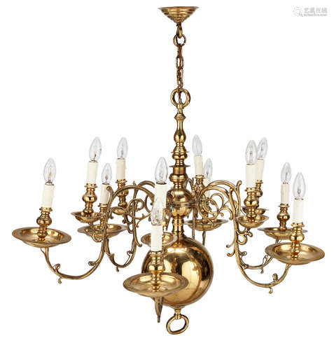 A brass six-branch, twelve-light chandelier, circa 1900