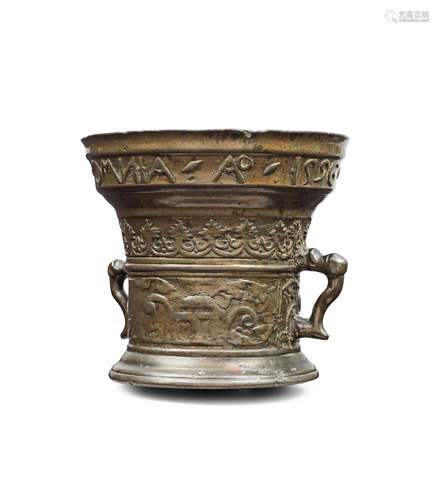 A rare late 16th century leaded bronze mortar, Dutch, probably Deventer, dated 1596