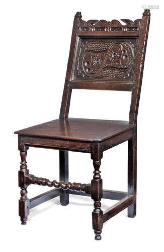 A late 17th century joined oak backstool, Lancashire, circa 1680-90