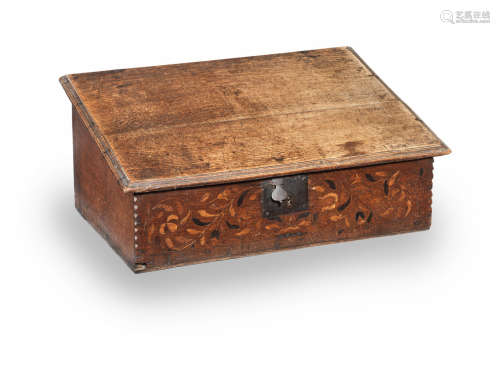 A Charles II boarded oak and marquetry-inlaid desk box, Yorkshire, circa 1660