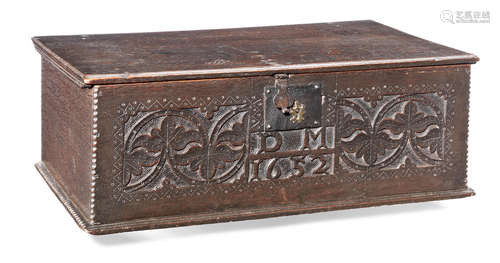 A good Commonwealth boarded oak box, dated 1652