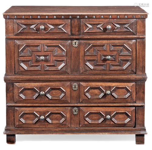 A late 17th/early 18th century walnut and fruitwood geometric-decorated chest of drawers, English, circa 1700