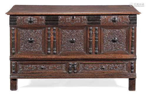 A rare Charles II joined oak and ebonized coffer with drawer, Dorset, circa 1660
