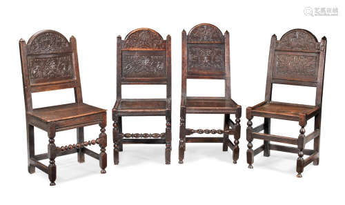 Four Charles II joined oak and elm backstools, Cheshire/Lancashire, circa 1680