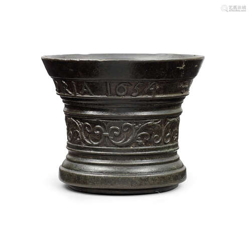 A mid-17th century leaded bronze mortar, Dutch, dated 1654