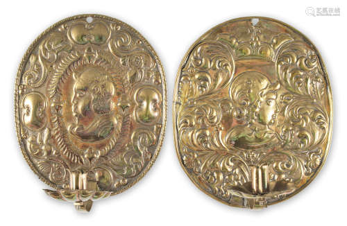 Two late 17th/early 18th century embossed sheet brass wall sconce backplates, Dutch, circa 1700