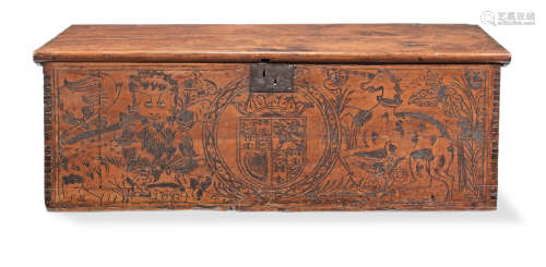 A 17th century cyprus-wood 'pitch'-decorated boarded chest, Northern Italy