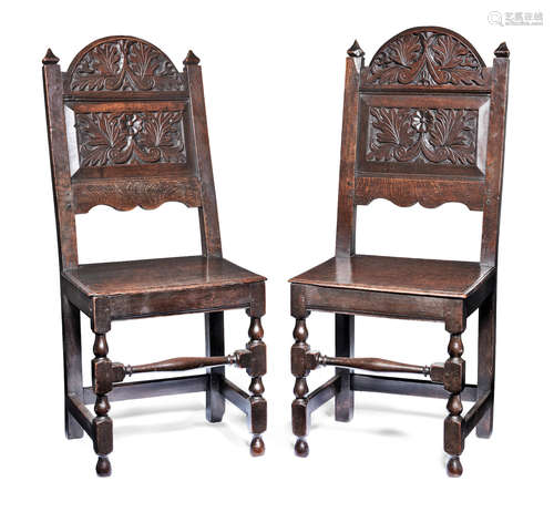 A pair of William & Mary joined oak backstools, Lancashire, circa 1690