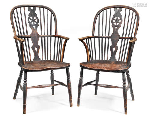 A pair of early to mid-19th century ash, beech, fruitwood and elm high-back Windsor armchairs, Buckinghamshire, circa 1800-40