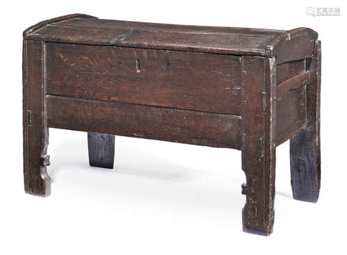 A good and small mid-16th century boarded oak clamped-fronted meal chest or ark, Welsh Borders, circa 1550