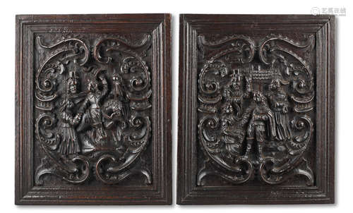 A pair of early 17th century carved oak panels, Flemish, circa 1620, with scenes from The Parable of the Prodigal Son