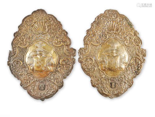 A large pair of 18th century sheet brass wall sconces