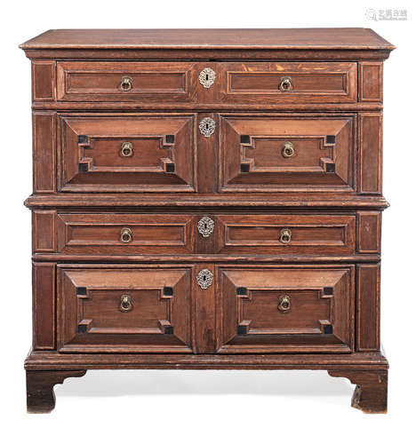 A late 17th century joined oak, fruitwood and snakewood-veneered chest of drawers, English, circa 1670