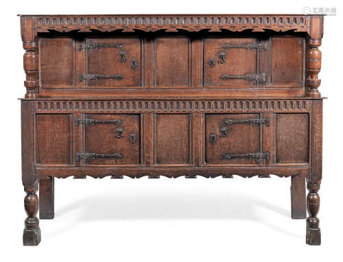 A Charles I joined oak and inlaid court cupboard, North Country, circa 1640