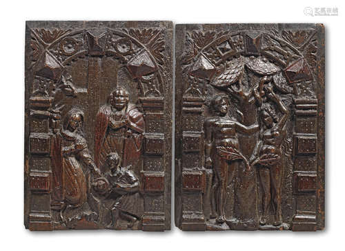 A pair of late 16th/early 17th century carved oak panels, with some traces of polychrome decoration, Flemish, circa 1620, The Fall of Man & The Adoration