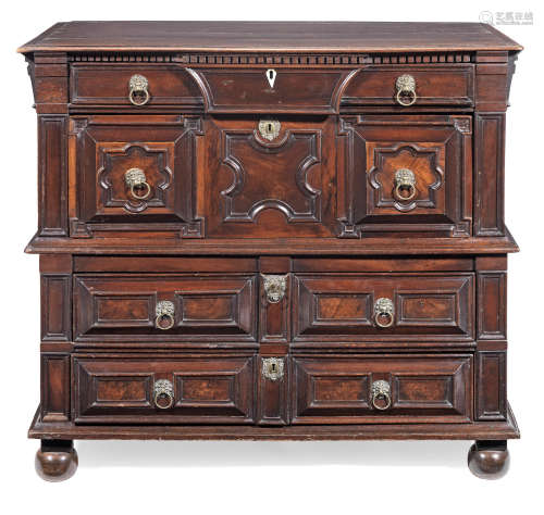 A Charles II joined oak, snakewood and walnut-veneered chest of drawers, circa 1670