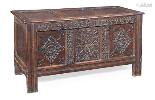 A Charles II joined oak coffer,  Gloucestershire, dated 1679