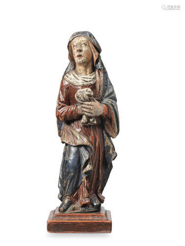 Probably 18th century, possibly Spanish Colonial A carved and polychrome-painted figure of a female saint, possibly St Veronica