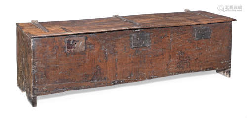 A large boarded oak chest, English, circa 1550-1600 and later