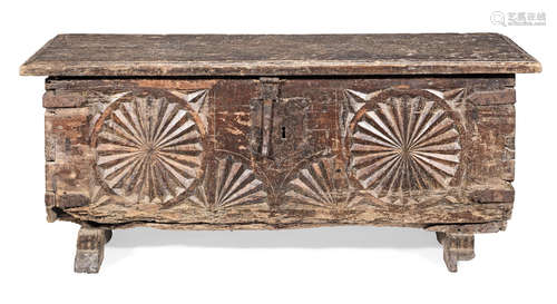 A 16th/17th century chestnut and pine boarded chest, Spanish