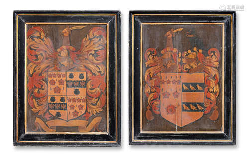 A pair of painted oak hatchment panels, English, 17th century and later