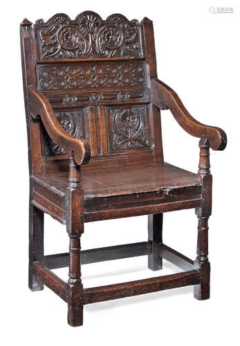 A Charles II joined oak triple panel-back open armchair, Lancashire/Cheshire, circa 1670