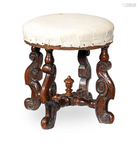 A William & Mary joined oak and upholstered circular stool, circa 1690