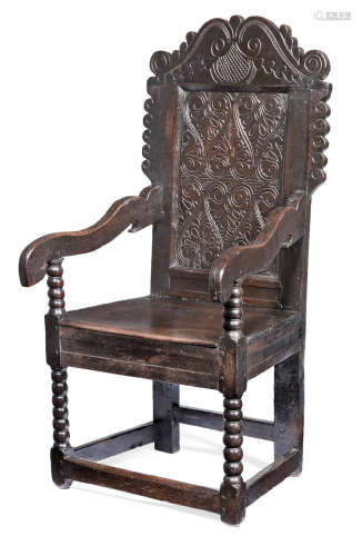 A Charles II joined oak panel-back open armchair, South-West Yorkshire, circa 1680