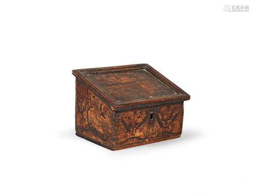 A rare and small Elizabeth I/James I polychrome-decorated boarded oak box, circa 1600-1620