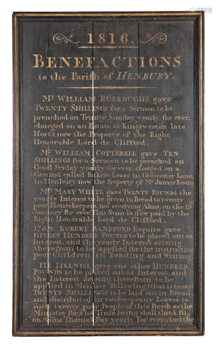 A George III painted oak church benefactions board, dated 1816, Henbury, near Bristol