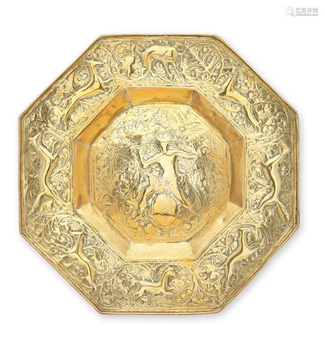 A large late 17th century embossed brass octagonal mural reflector, Scandinavian, circa 1680