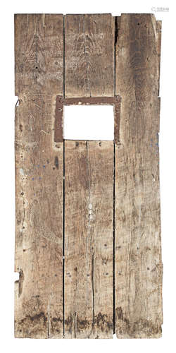 A boarded oak gaol door, English, with three graffiti dates in the 1630s, 17th century or possibly earlier