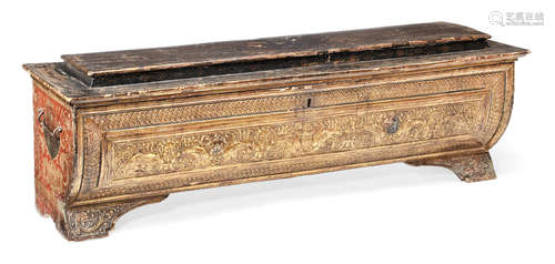 A rare late 15th/early 16th century giltwood, pastiglia and polychrome-painted cassone, North Italian, circa 1500-1530