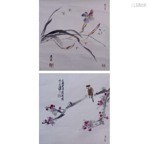 徐展 花卉双挖 纸本设色 立轴