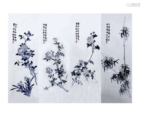 清 花卉绣片四屏