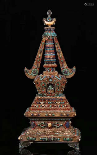 A TIBETAN SILVER CASTED GEM DECORATED RELIC STUPA