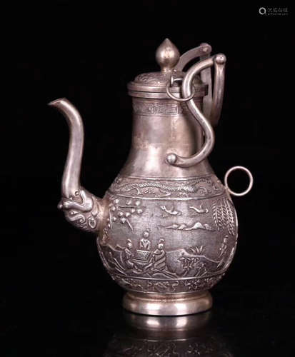 AN OLD SILVER PAINTING PATTERN WINE POT